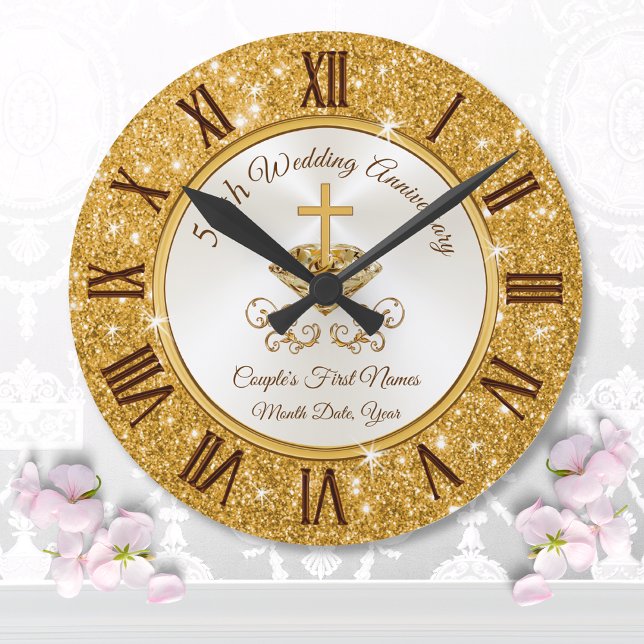 Christian Personalised Golden Anniversary Gifts Large Clock (50th anniversary clock. 50 year wedding anniversary presents for parents. Golden anniversary gifts. )