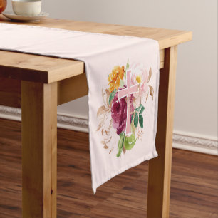 Christian Pink Floral Cross Women's Short Table Runner