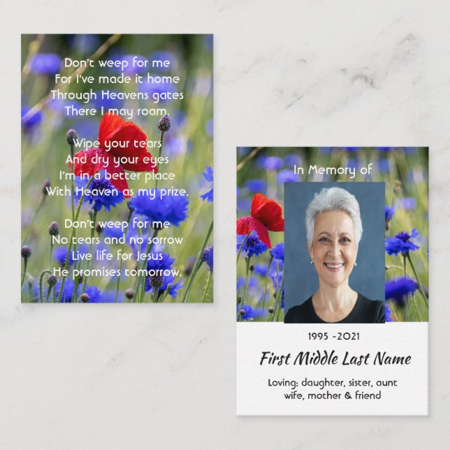Christian Poppy Cornflower Meadow  Memorial  Business Card (Front/Back)
