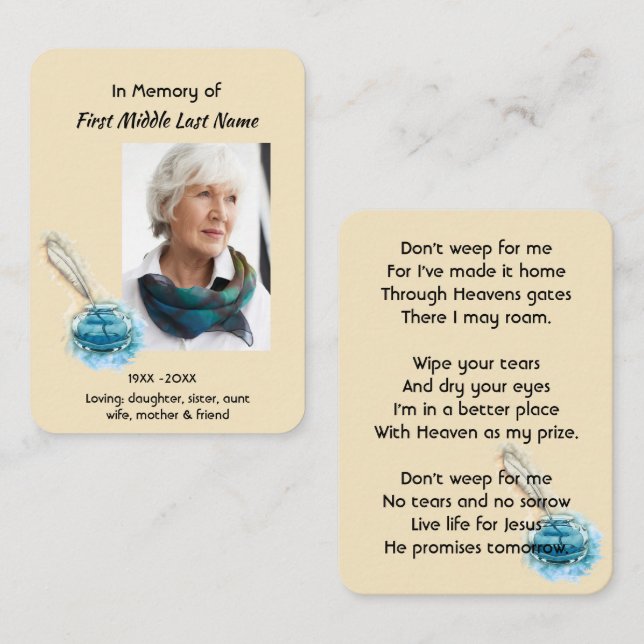 Christian Prayer Card Memorial  Feather Pen  (Front/Back)