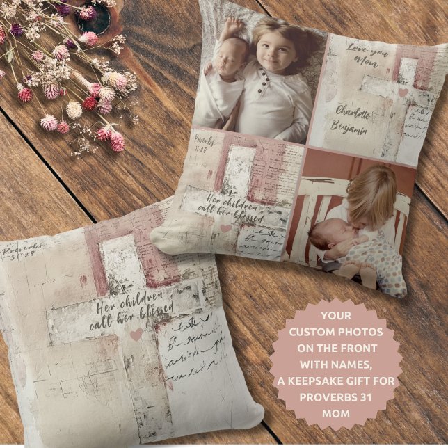 Christian Proverbs 31:28 Mum Photo Collage Name Cushion (Personalize with 2 photos & up to 3 names.)