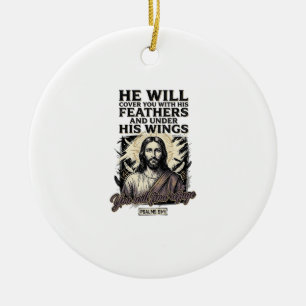 Christian Psalm 91_4 Jesus Vintage Engraving Shirt Ceramic Tree Decoration