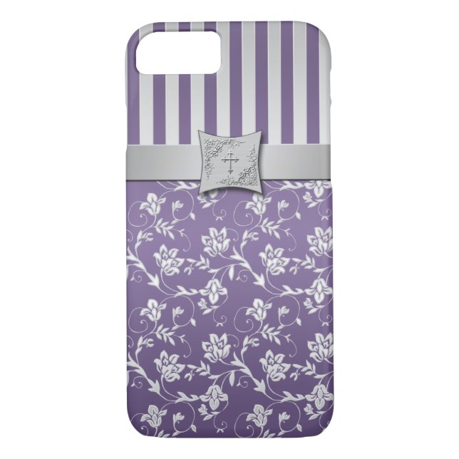 Christian Purple Silver Floral Stripes iPhone 7 Case-Mate iPhone Case (Back)