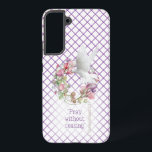 Christian Purple White Line Matrix Sweet Pea  Samsung Galaxy Case<br><div class="desc">This Christian design features a clean white background patterned with diagonal purple lines in a lattice style. In the middle blooms a wreath of sweet pea flowers, blending mauve, peach, and pink tones. Hovering to the upper right, a white dove offers a symbol of calm and devotion. At the base,...</div>