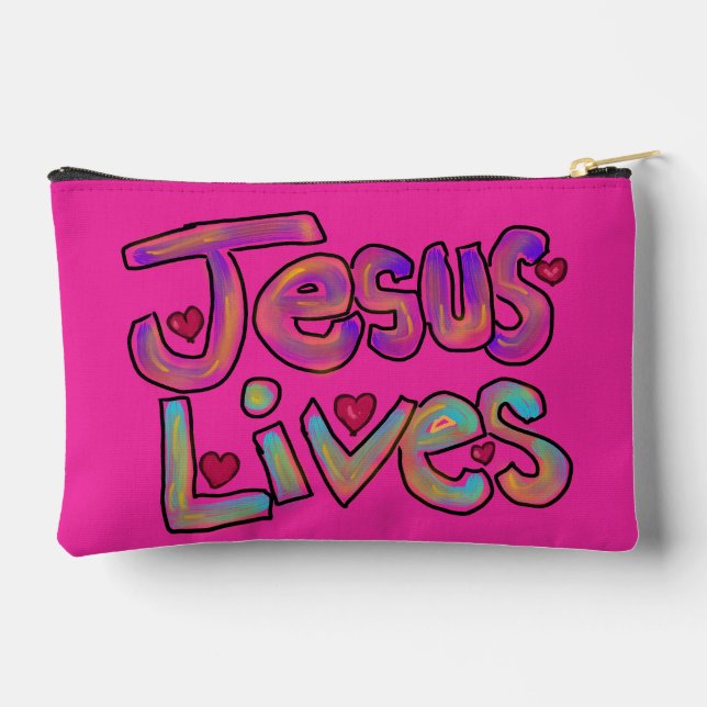 Christian Quote ‘Jesus Lives’ Floral on Pink Accessory Pouch (Back)