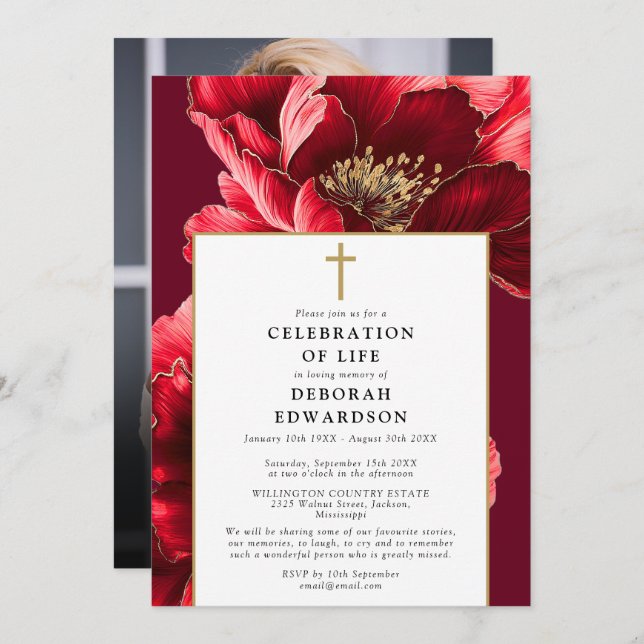 Christian Red Elegant Celebration Of Life Photo Invitation (Front/Back)