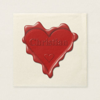 Christian. Red heart wax seal with name Christian Napkin
