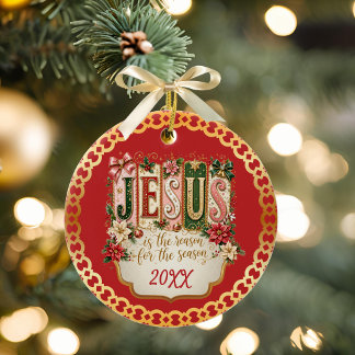 Christian Red Jesus is the Reason for the Season Ceramic Tree Decoration