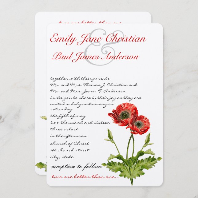 Christian Red Poppy Floral Wedding Invitations (Front/Back)