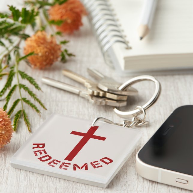 Christian Redeemed Red Cross and Text Design Key Ring (Front Right)
