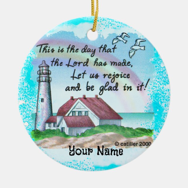 Christian Rejoice Lighthouse Ceramic Tree Decoration (Front)