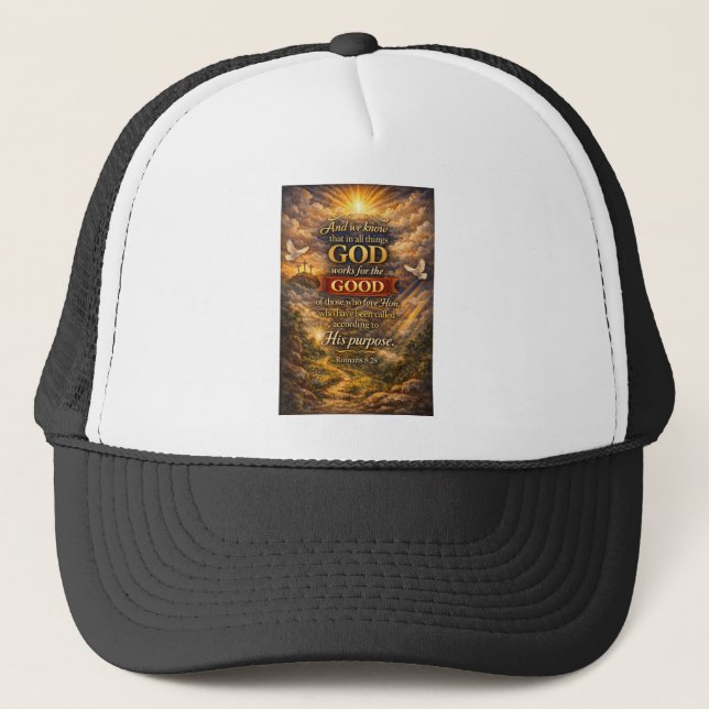 Christian Romans 8:28 Bible Verse Trucker Hat (Front)