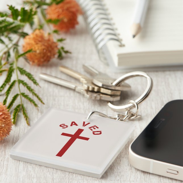 Christian Saved Red Cross and Text Design Key Ring (Front Right)