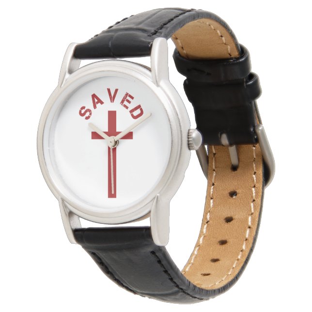Christian Saved Red Cross and Text Design Watch (Angled)