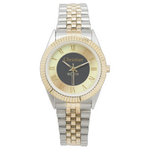 Christian simple gold cross on monogram watch