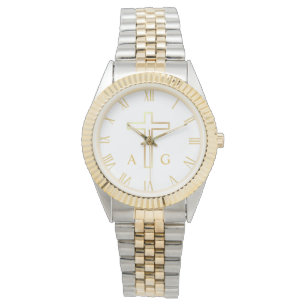 Christian simple gold cross on monogram watch