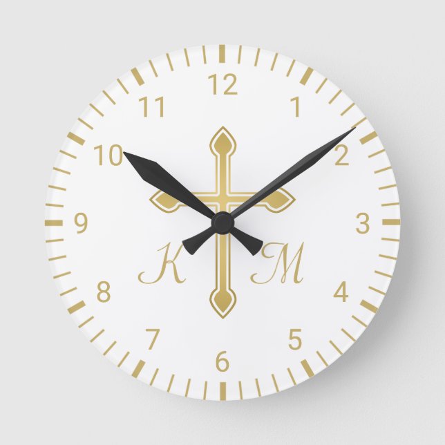 Christian Simple Gold Cross on White Monogram Round Clock (Front)