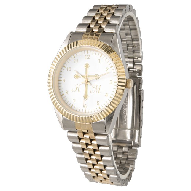 Christian Simple Gold Cross on White Monogrammed Watch (Angled)
