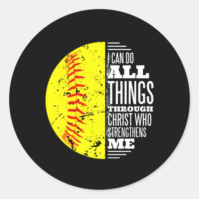 Christian Softball I Can Do All Things Through Chr Classic Round Sticker (Front)