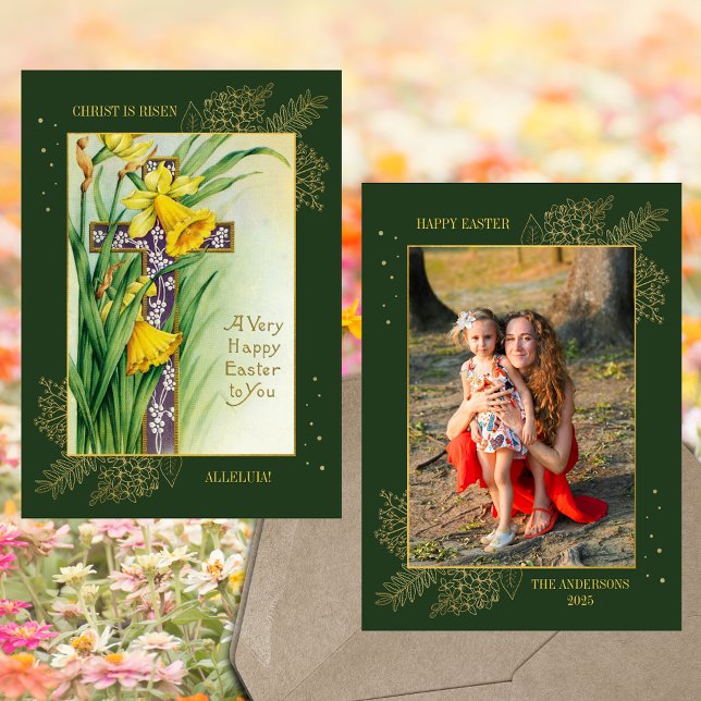 Christian Spring Floral Cross Family Photo Easter Holiday Card (Religious Christian Catholic Spring Joy Floral Cross Resurrection Family Photo Easter Holiday Card)