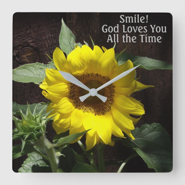 Christian Sunflower Smile God Loves You  Square Wall Clock (Front)