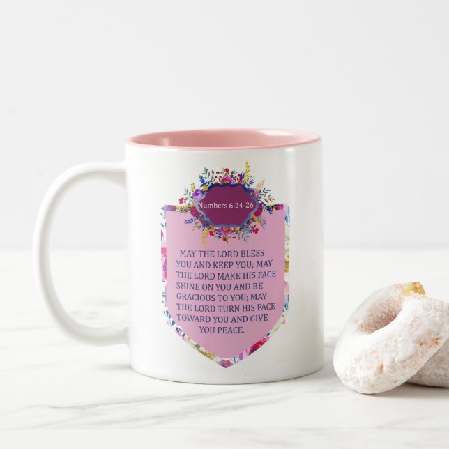 Christian The Blessing Pink Floral Bible Verse Two-Tone Coffee Mug (With Donut)