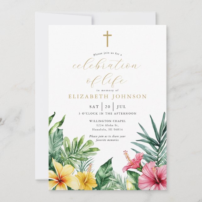 Christian Tropical Floral Celebration Of Life Invitation (Front)