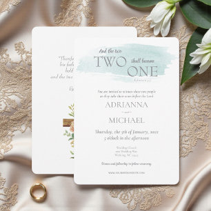 Christian Two Become One Watercolor Teal Green Invitation