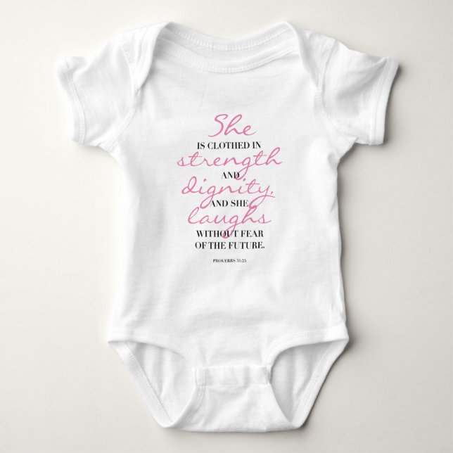 Christian typography. Proverbs 31:25. She laughs. Baby Bodysuit (Front)