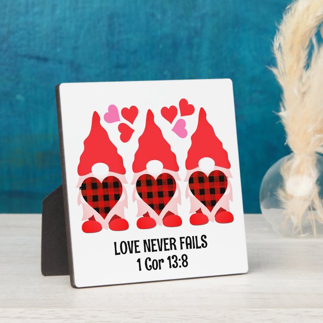 Christian VALENTINE GNOMES Love Never Fails Plaque (Valentine Gnomes with Christian Bible verse)