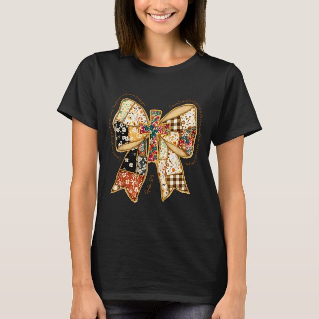 Christian Verse Bible Jesus Coquette Bow Patchwork T-Shirt (Front)