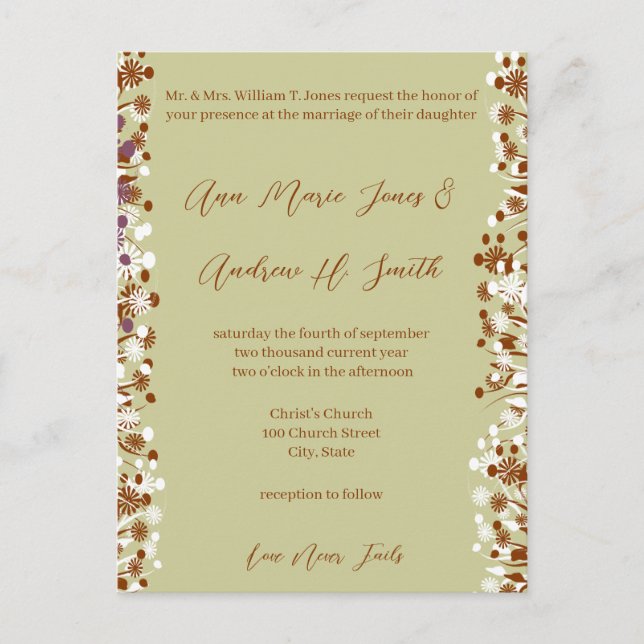 Christian Wedding Earthy Hues Love Never Fails Invitation Postcard (Front)