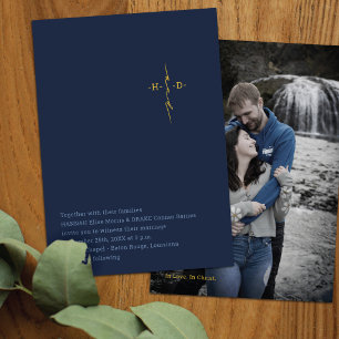 Christian Wedding Gold Initials Cross Blue Invitation