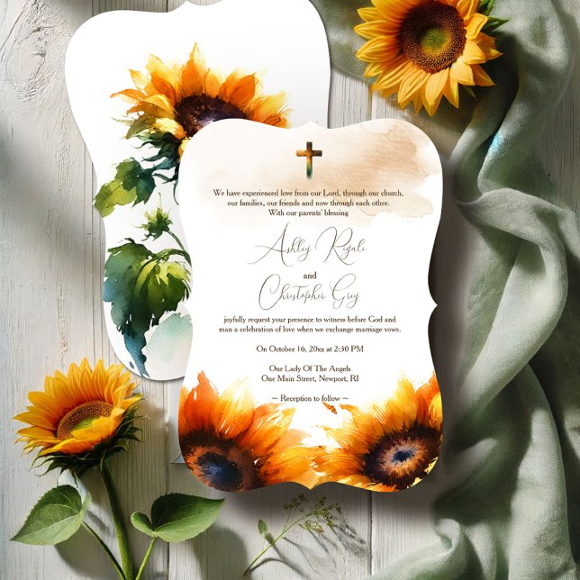 Christian Wedding Invitation - Sunflowers (Christian wedding invitations watercolor sunflowers rustic shades of yellows and greens)