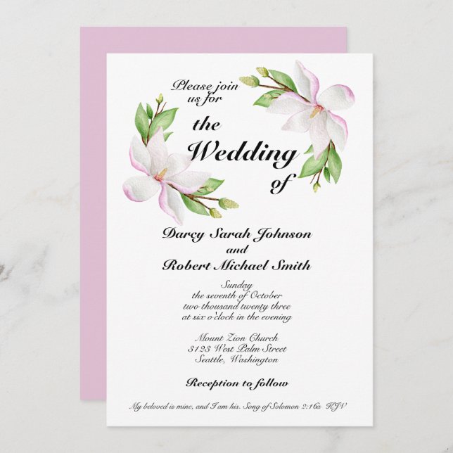Christian Wedding Invitation Watercolor Magnolias (Front/Back)