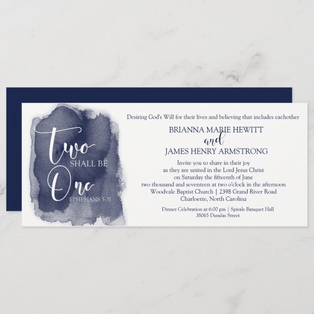 Christian Wedding Invitation - Watercolor Navy (Front/Back)