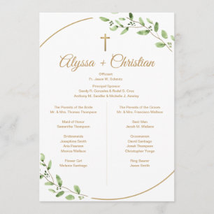 Christian Wedding Party Greenery Gold Cross  Programme