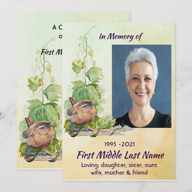 Christian Wren Bird Vineyard Celebration of Life Invitation (Front/Back)