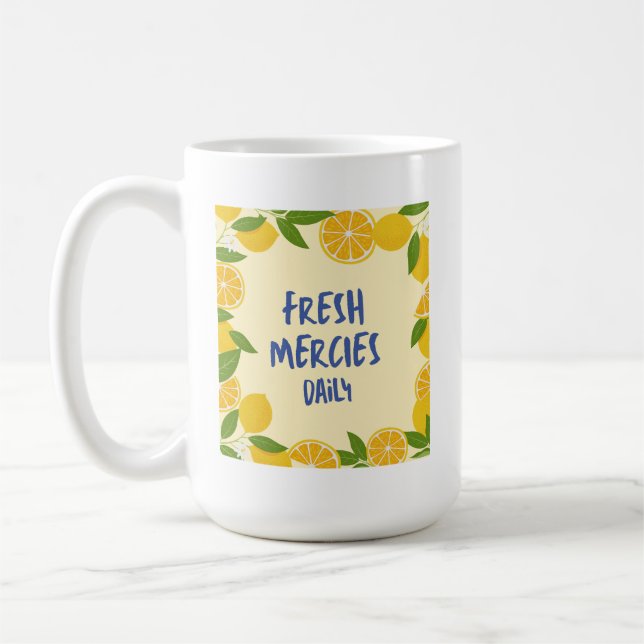 Christian Yellow Gingham Blue Lettering Lemon Coffee Mug (Left)