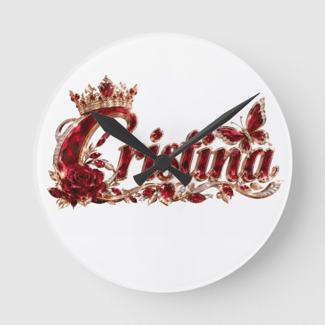 Christina Ruby Crystal Luxury Name Round Clock (Front)