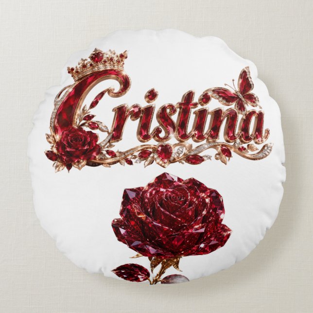Christina Ruby Crystal Luxury Name Round Cushion (Front)