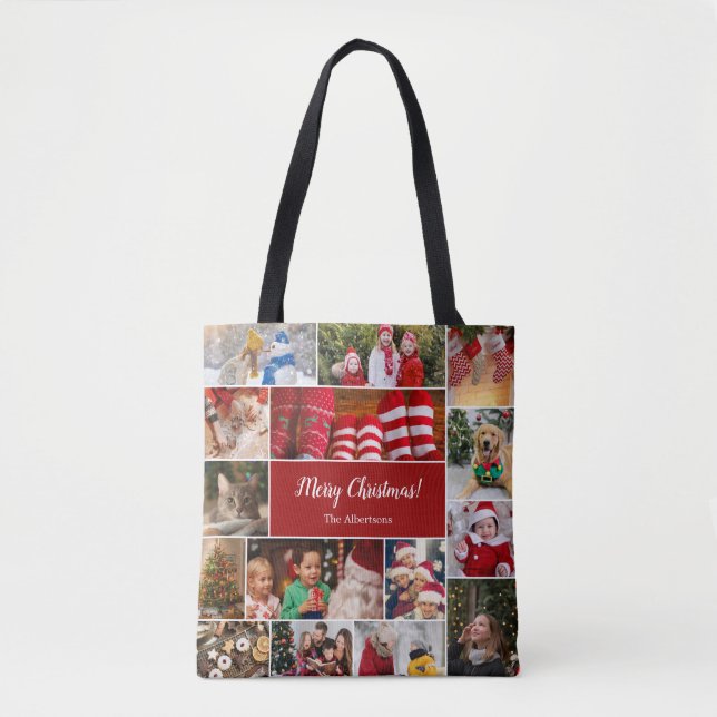 Christmas 15 Photo Collage with Family Name Red Tote Bag (Front)