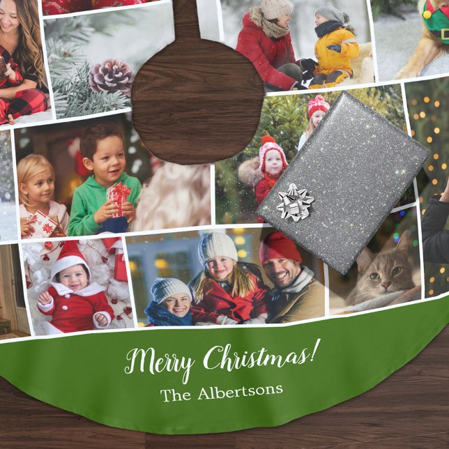 Christmas 16 Photo Collage with Family Name Green Brushed Polyester Tree Skirt (Creator Uploaded)
