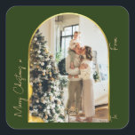 Christmas 1 Photo Arch Family Merry Christmas  Square Sticker<br><div class="desc">Add a personalized touch to your Christmas gift wrapping this year. This minimalist faux gold foil Christmas square sticker design features 1 photo arch and simple gold foil 2023 decoration on a holiday forest green background. An editable Merry Christmas message and handy 'To:' and 'From' message to make present wrapping...</div>