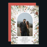 Christmas 1 photo arch watercolor botanical floral holiday card<br><div class="desc">Merry Christmas modern elegant watercolor dried botanical floral muted colours holiday arch 1 photo Christmas card. Red backer</div>