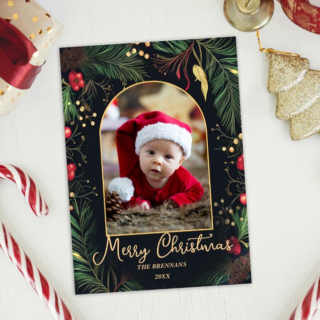 Christmas 1 Photo Elegant Festive Greenery Merry Holiday Card (Christmas 1 Photo Elegant Festive Greenery Merry Holiday Card)