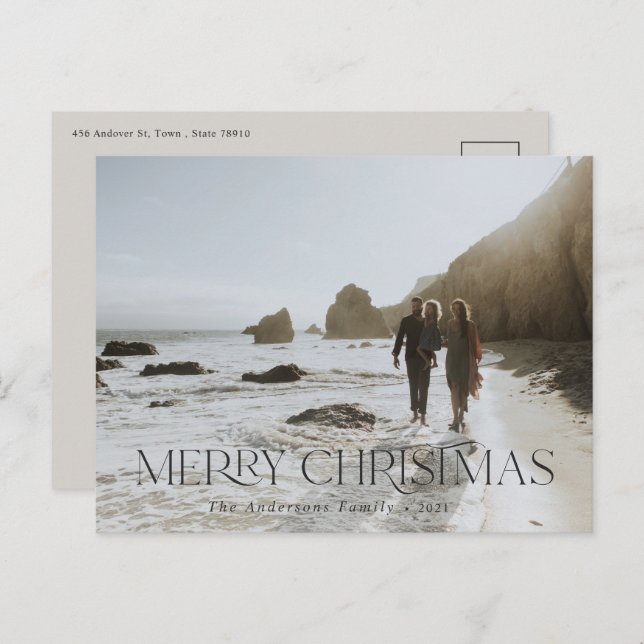 Christmas 1 photo modern typography gray elegant postcard (Front/Back)