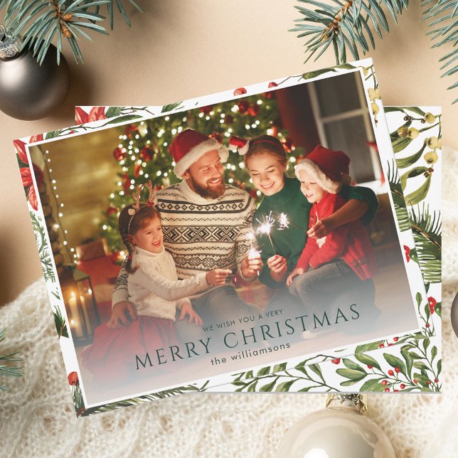 Christmas 1 Photo Watercolor Berries Floral Card (Christmas 1 Photo Watercolor Berries Floral Note Card)