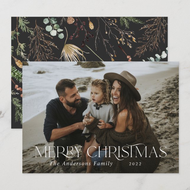 Christmas 1 photo watercolor botanical floral holiday card (Front/Back)