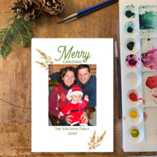 Christmas 1 Photo Watercolor Simple Dried Flowers  Holiday Card